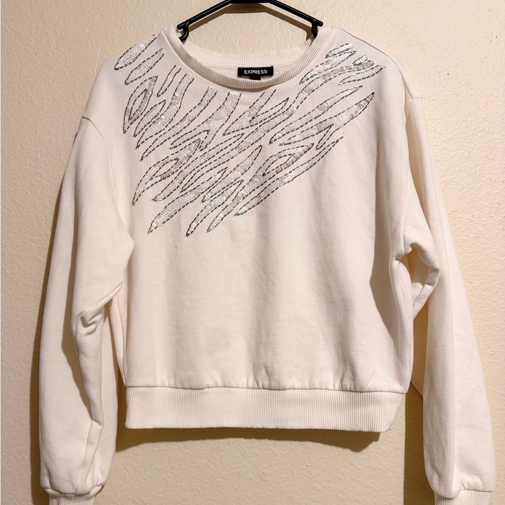 Express Women’s Embellished Beige Sweatshirt Top Size XS – Sequin Bead Design